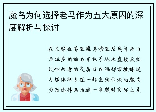 魔鸟为何选择老马作为五大原因的深度解析与探讨