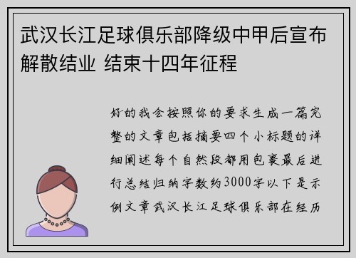 武汉长江足球俱乐部降级中甲后宣布解散结业 结束十四年征程